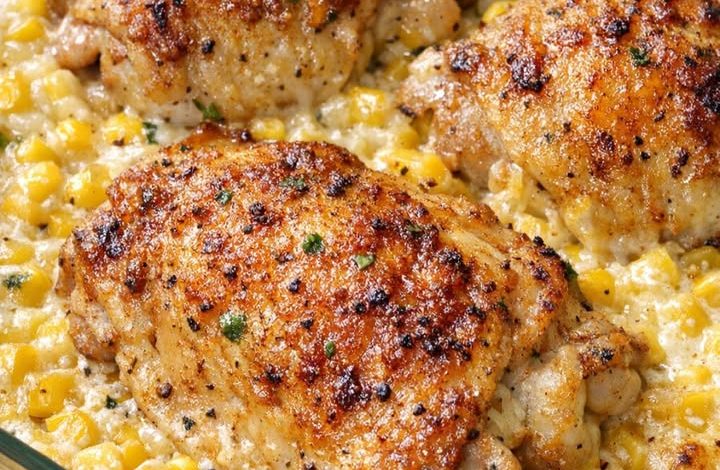 Amish Creamed Corn Chicken Casserole with golden baked chicken thighs and creamy corn sauce