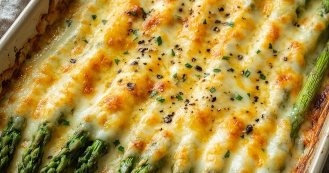 Cheesy baked asparagus casserole with melted mozzarella and Parmesan cheese in a baking dish