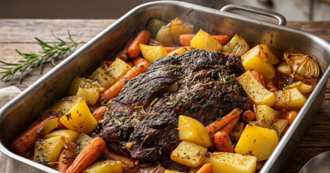 Tender pot roast with potatoes and carrots baked in rich gravy inside a roasting pan on a rustic wooden table