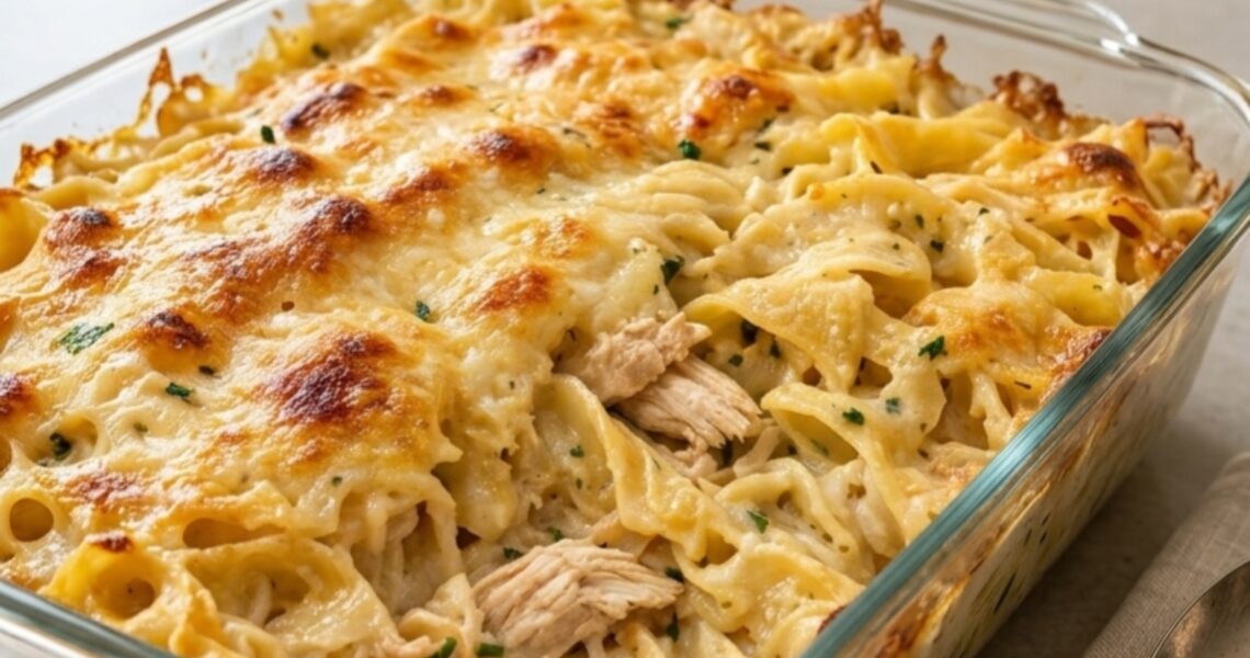 Creamy baked chicken noodle casserole with melted golden cheese in a glass baking dish on a kitchen countertop