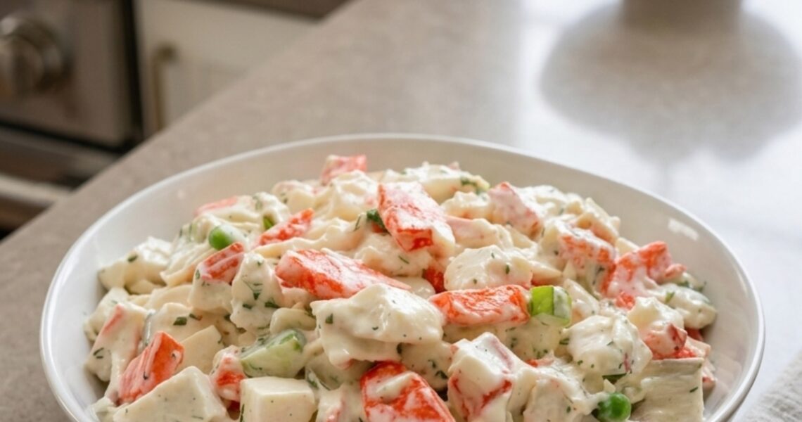 Creamy homemade mixed salad served in a white bowl on a modern kitchen countertop with natural daylight