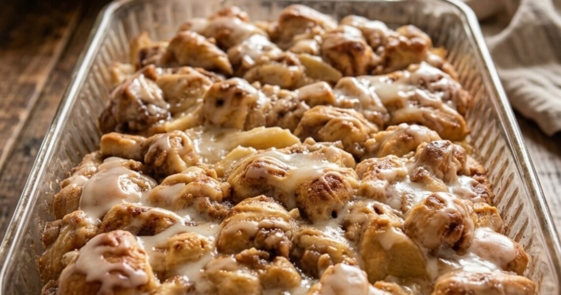 Easy cinnamon roll casserole baked with vanilla glaze in a glass baking dish on a rustic wooden table